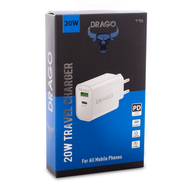 מטען בית 2 יציאות USB+PD דרגו 20W