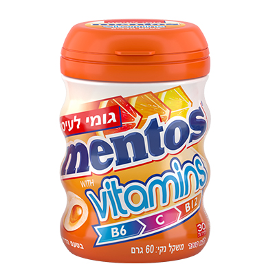 מסטיק מנטוס הדרים ויטמינים 60 גר' בקבוק - מארז 6 יח'