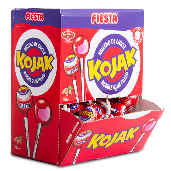 סוכריה על מקל עם מסטיק KOJAK בטעם דובדבן - מארז 100 יח'