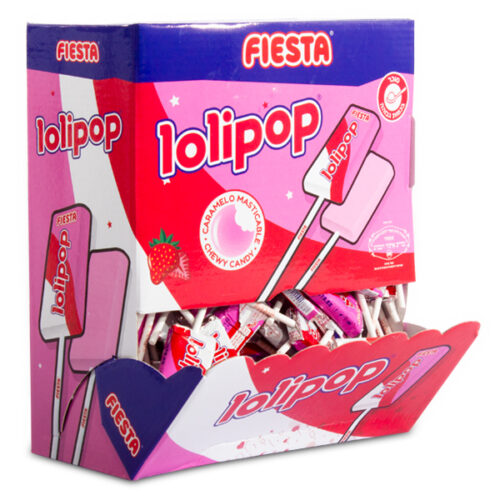 סוכריה על מקל עם מסטיק Lolipop בטעם תות שדה - מארז 100 יח'