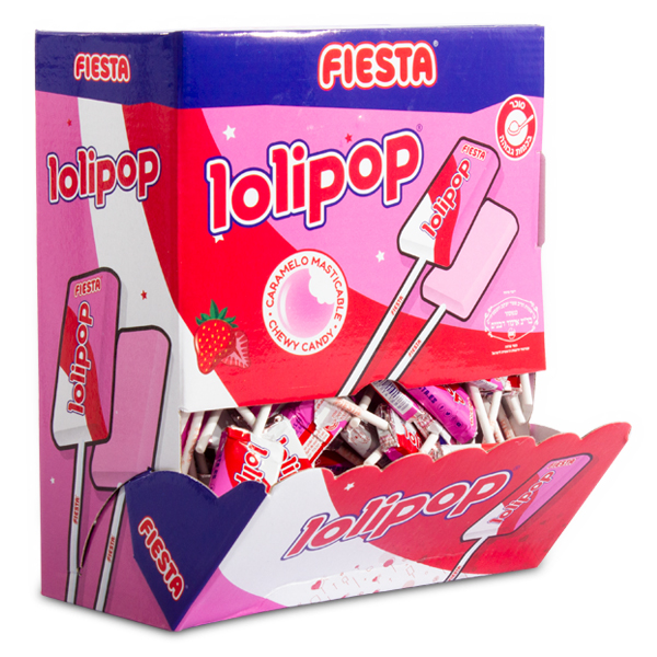 סוכריה על מקל עם מסטיק Lolipop בטעם תות שדה - מארז 100 יח'