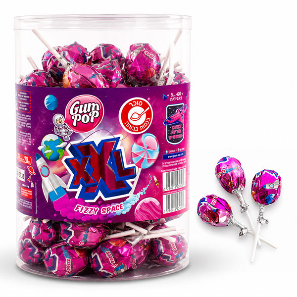 סוכריה fizzy XXL על מקל עם מסטיק 70 גרם - מארז 26 יח'